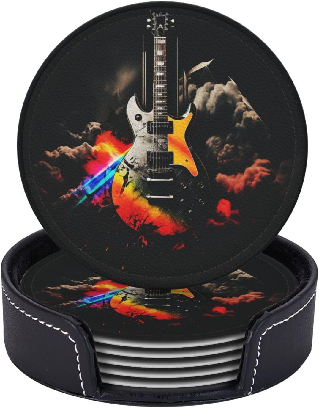 Rock Music Leather Coasters Set of 6 with Holder
