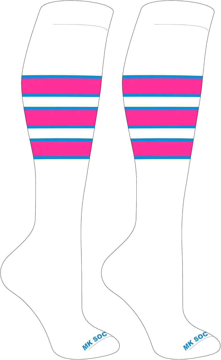 Striped Knee High Baseball, Football Socks (C) White, Neon Blue, Hot Pink