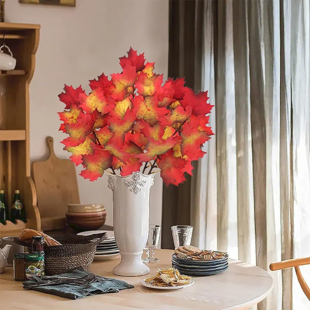 5 Pcs Artificial Fall Maple Leaves Stems 19.6” Fake Autumn Foliage Branches for Home Kitchen Farmhouse Vase Thanksgiving Table Centerpieces Party Halloween Decor Red and Orange - Image 4