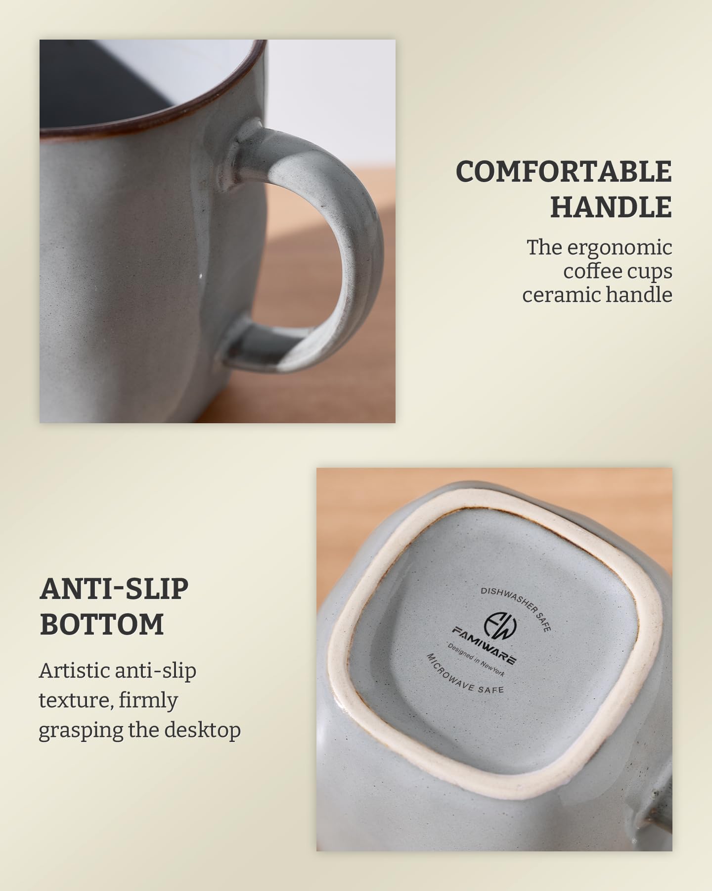 famiware Lot de 4 tasses à café carrées de 370 ml avec poignée pour cacao, lait, chocolat chaud, thé, eau, grès pour cuisine, micro-ondes et lave-vaisselle, gris