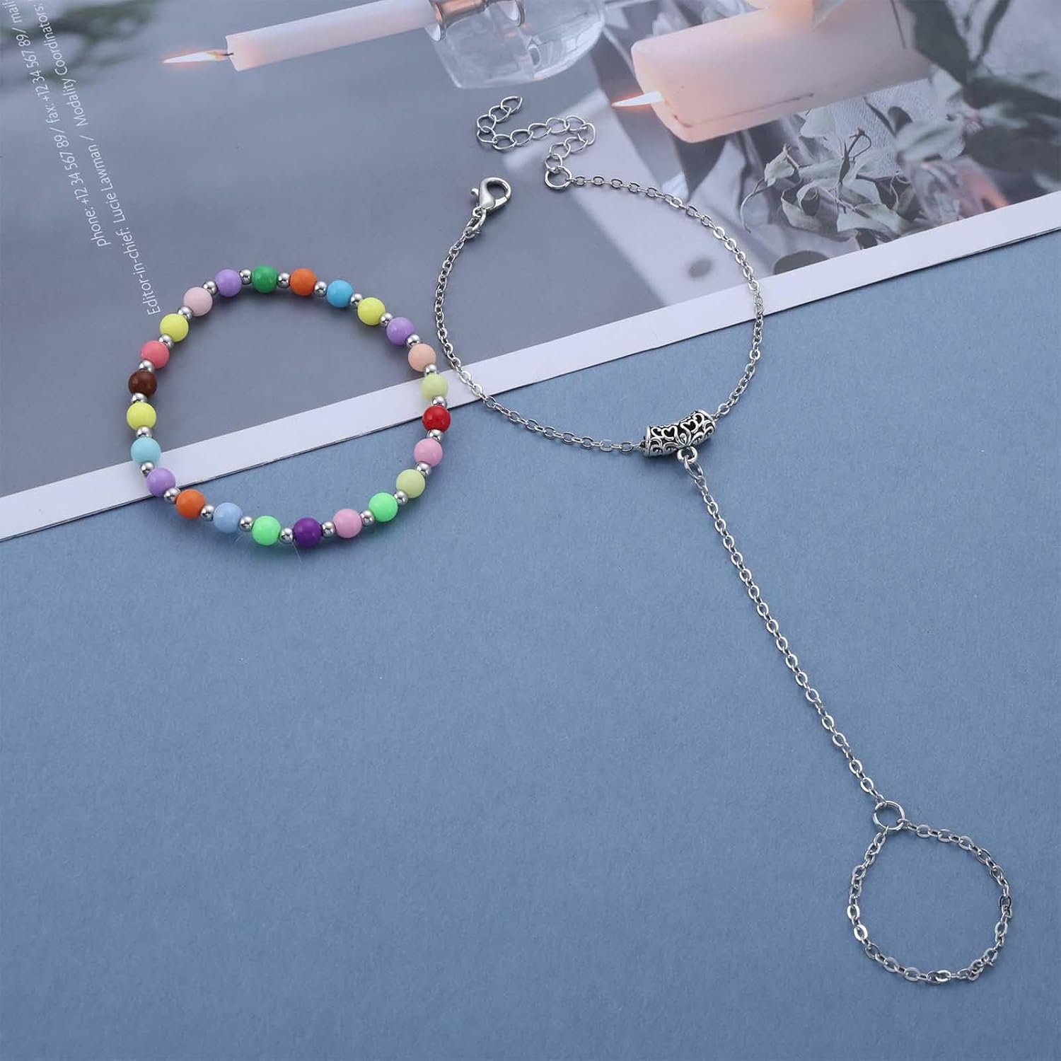 Andelaisi Boho Rainbow Bead Finger Ring Bracelet Vintage Beads Slave Chain Hand Bracelet Colorful Beaded Hand Harness Chain Bracelet Adjustable Slave Chain Bracelet Jewelry for Women - Image 3