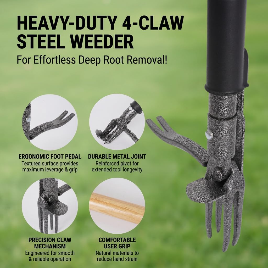 Stand Up Weed Puller with Kick-Out Weed Ejector, No-Bending Long Handle Manual Weed Remover for Lawn & Garden, Foot Pedal Design for Dandelions & Common Weeds