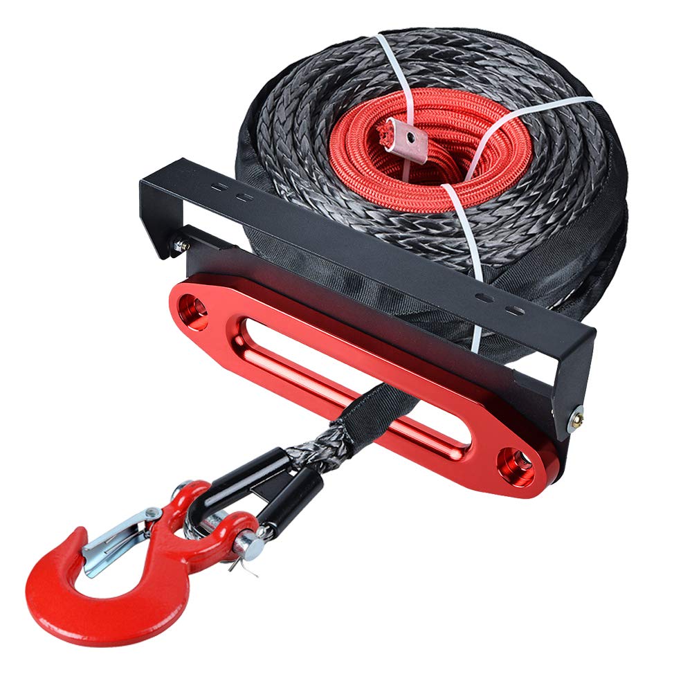 amopacorp 95 feet 3/8 inch Synthetic Winch Rope Recovery 20,500 lbs with Red Hook and 10 inch Anodized Red Hawse Fairlead 254mm Flip-Up License Plate Holder