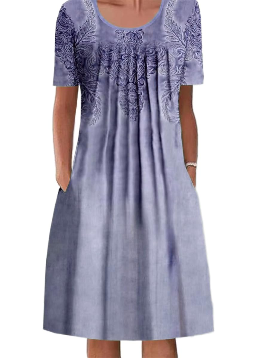 Women's Summer Boho Floral Short Sleeve Midi Dresses Casual Loose Cute Pleated Vacation Tshirt Dress with Pockets