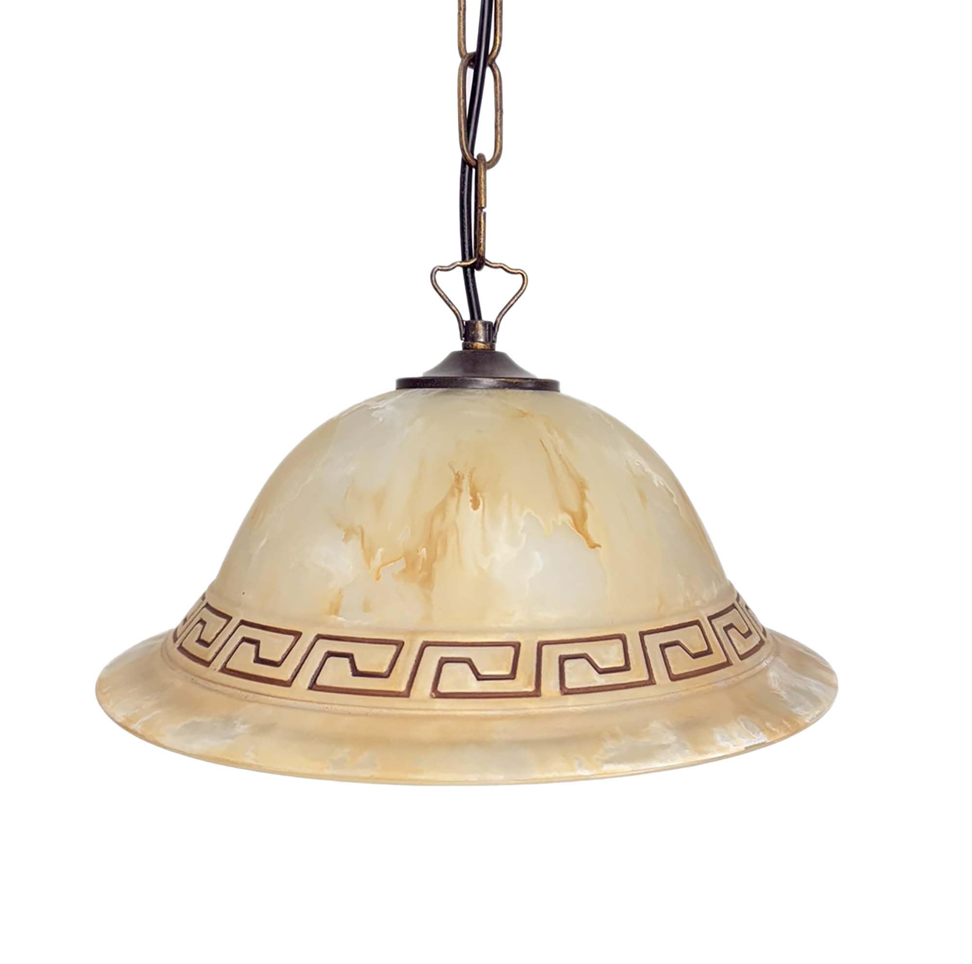 Generico Lampadario a sospensione classico a 1 luce catena ferro battuto e vetro con decoro effetto marmo per sala da pranzo, camera da letto, corridoio, ingresso, soggiorno, salotto, cucina.
