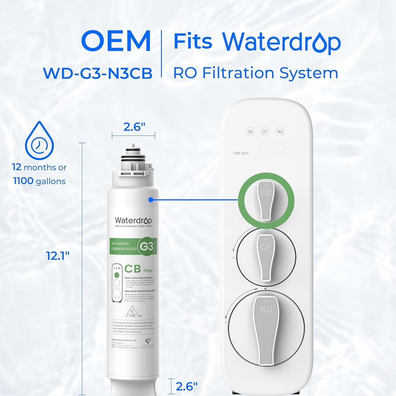 Waterdrop G3-CFCBRO Ersatzfilter für G3-W 400 GPD RO-System | NSF/ANSI 53 & 372-Zertifiziert, Set mit je 1 G3-N1CF-, G3-N3CB- und G3-N2RO-Filter, Nicht für G3P600- und G3P800-RO-Systeme