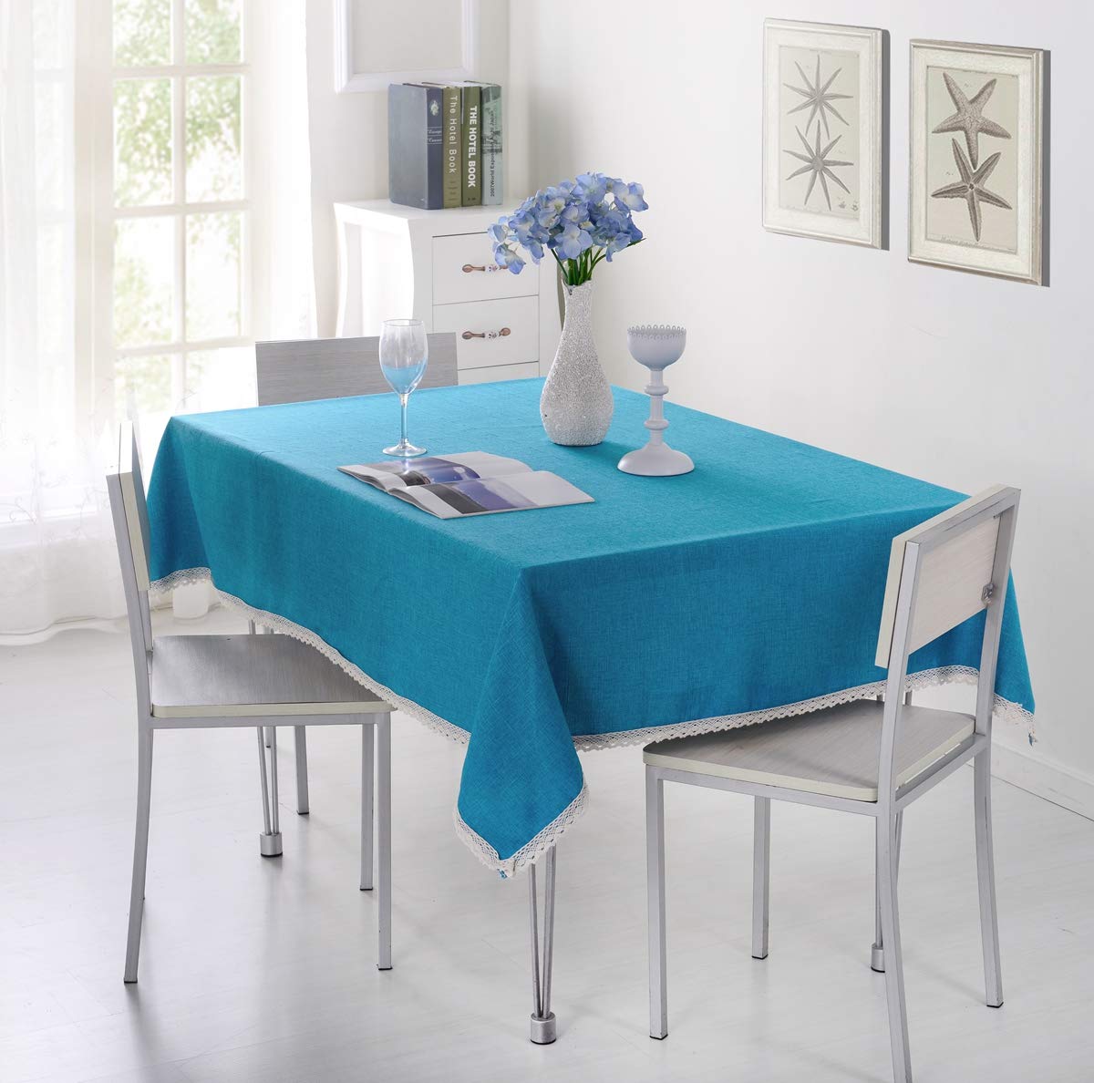 N/P ZaberHome Tablecloth rectangular Wipe Clean, Table Cover Tassel Tablecloths Cotton Linen Tablecloth, Garden Tablecloth Soft Washable Table Cloth for Outdoor Indoor Blue, 130 x 170cm(51x67in)