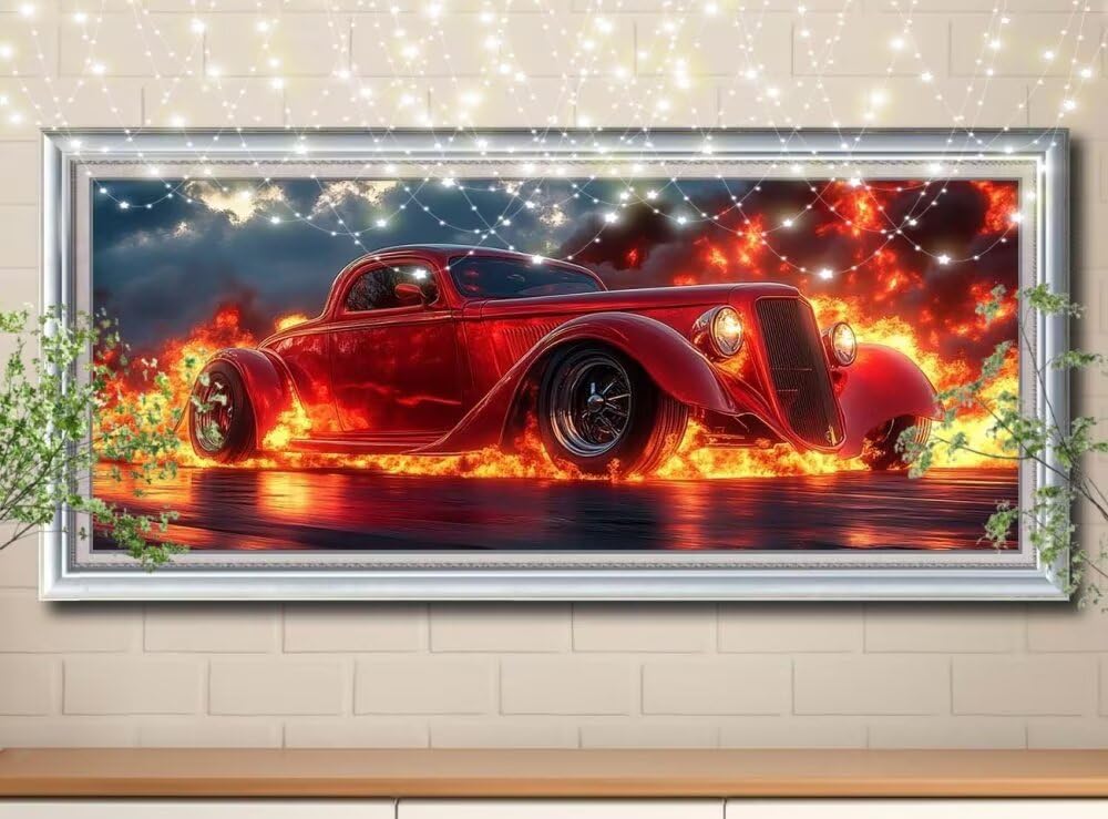 5D DIY zestaw do malowania diamentami, płomień, samochód diamentowy obraz dla dorosłych duży 60 x 120 cm, zrób to sam mozaika haft ścieg krzyżykowy zestaw do malowania diamentami dla dzieci do