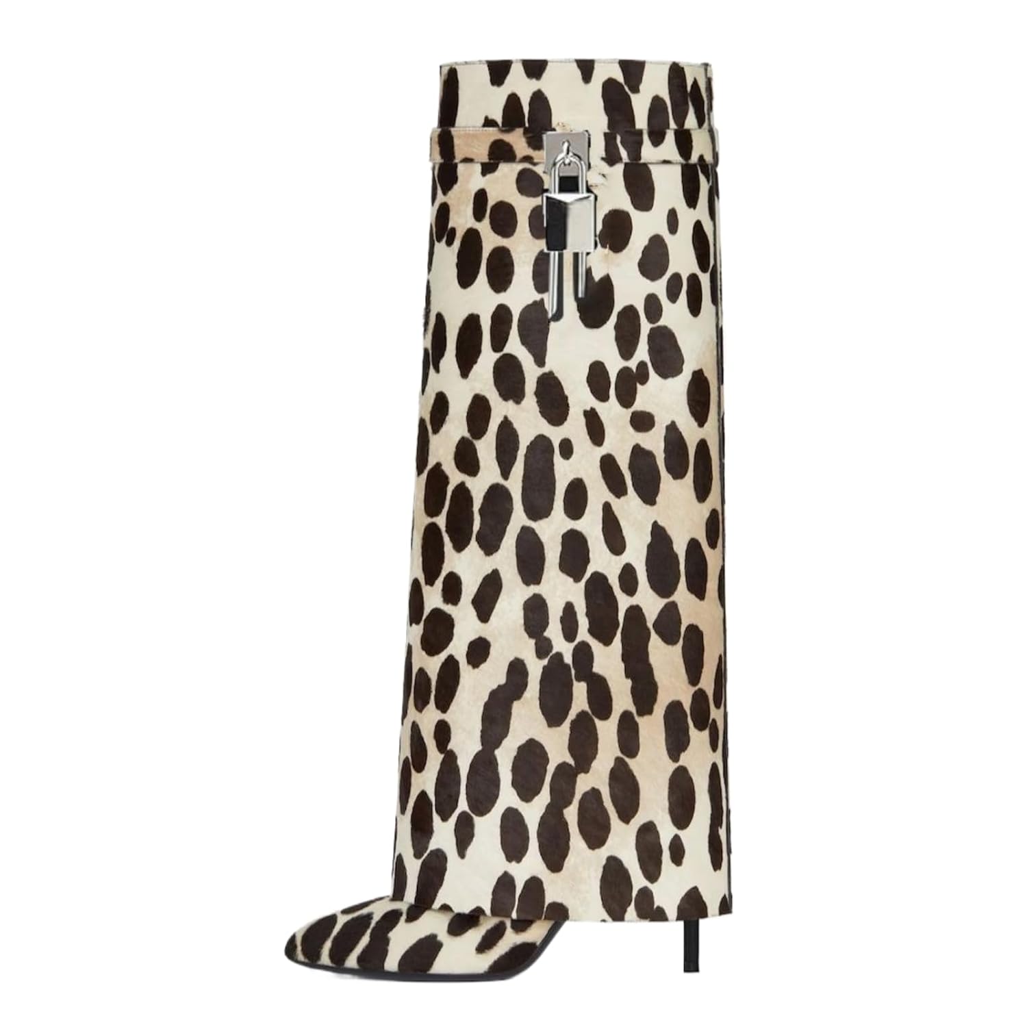 keleimusi Leopard Print Knee High Boots Women Fold Over Knee High Boots Shark Lock Stiletto boots Wide Calf