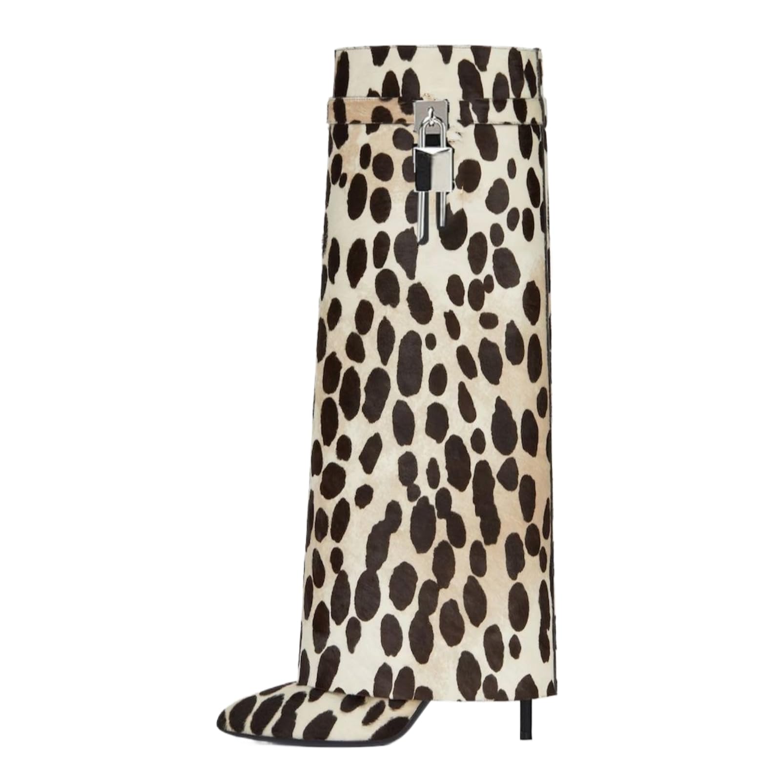keleimusi Leopard Print Knee High Boots Women Fold Over Knee High Boots Shark Lock Stiletto boots Wide Calf