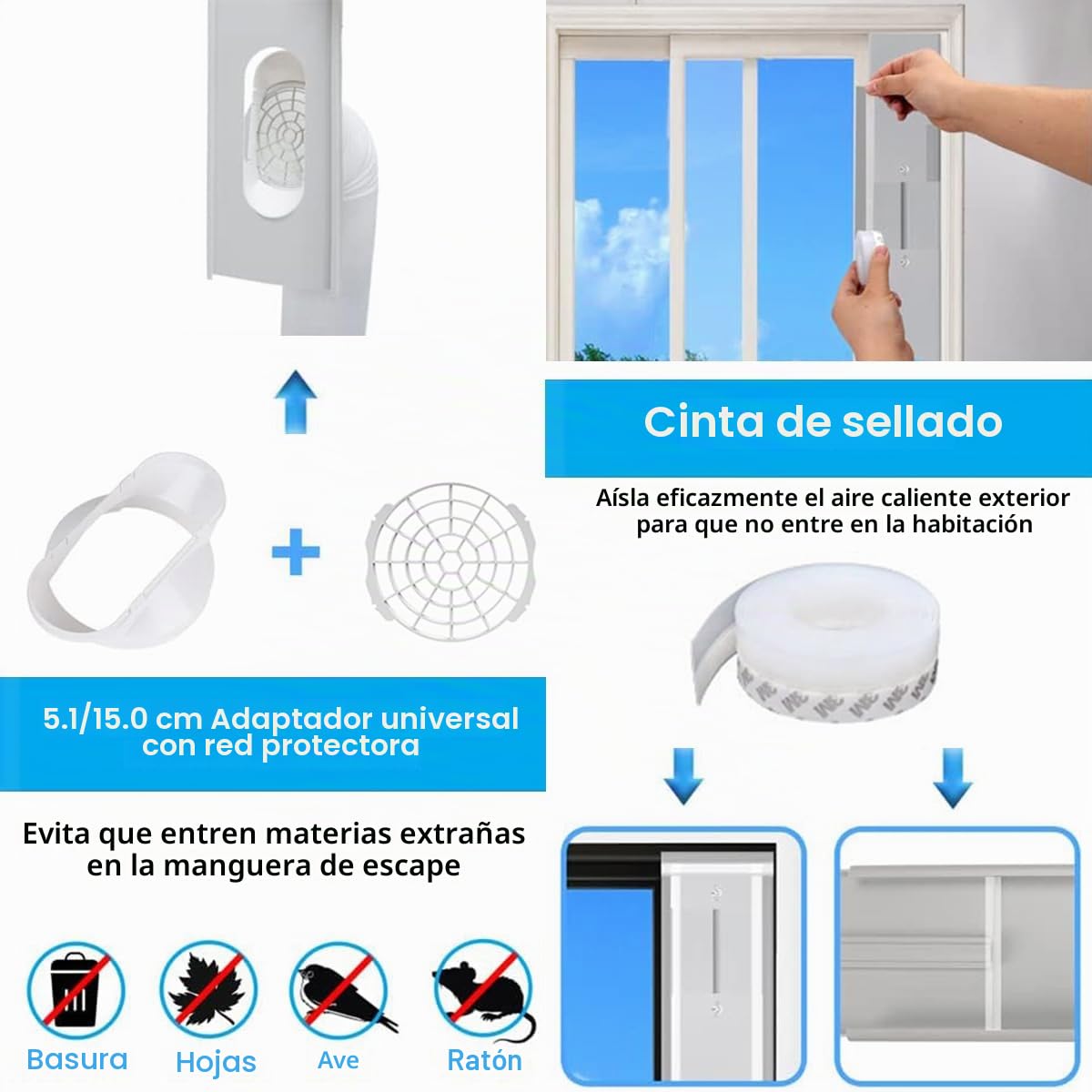 Kit de ventilación de ventanas de aire acondicionado portátil, kit de ventana de CA portátil, longitud ajustable de 43 a 144 cm