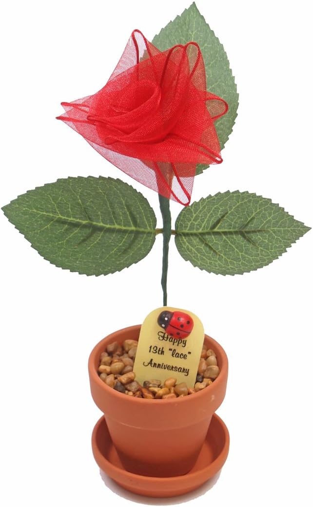 2nd Year Cotton Anniversary Rose. 7 Inch Artificial Flower in Terra Cotta Pot – 1 Count Handmade Desk Display for Couples