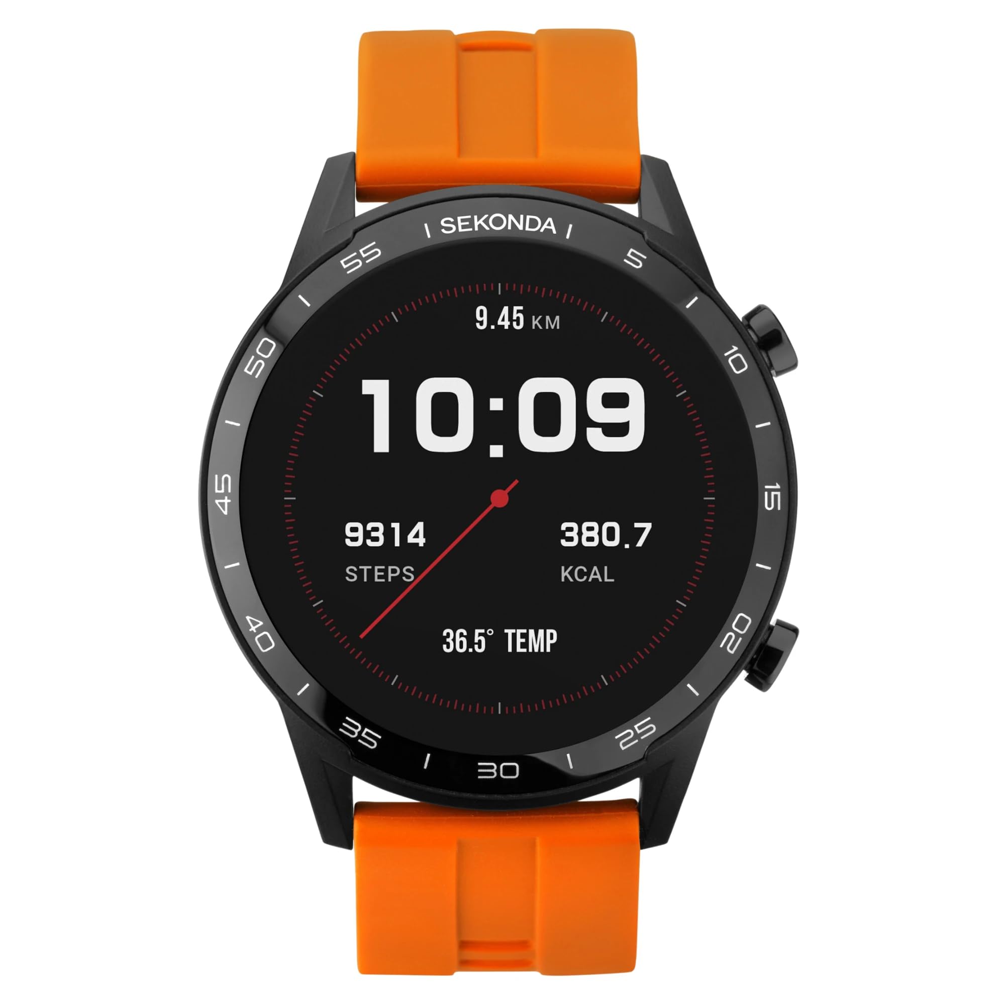 SekondaMens 45mm Smart Watch with Heart Rate and Sleep Monitor, Daily Activity, Sports, Music, Weather & Message Functions, with Rubber Strap.