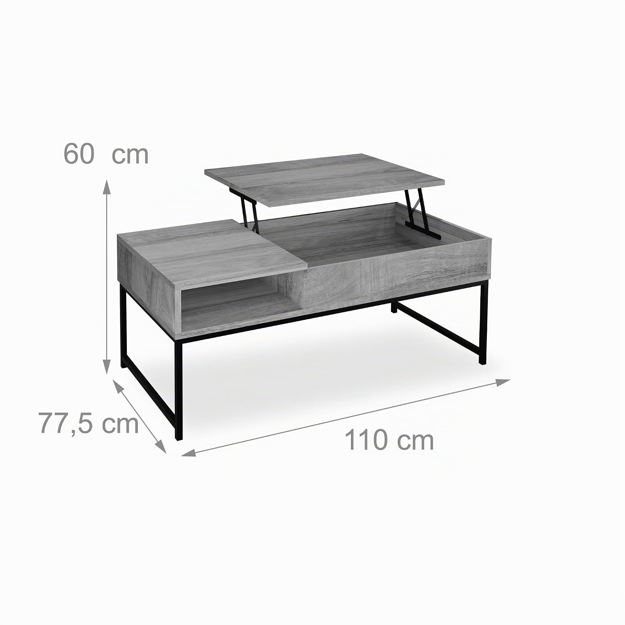 Relaxdays Mesa de Centro Abatible, Mesita Baja, 45x110x50 cm, Compartimento Lateral y de Almacenamiento, Metal, Marrón