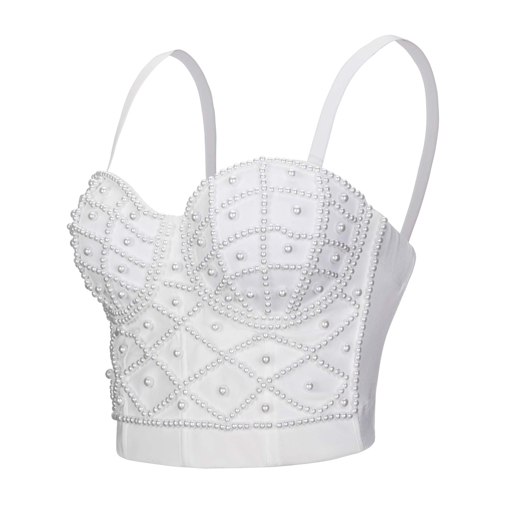 Woboren Women's Strap Beads Bustier Corset Crop Top Club Party Bra White S