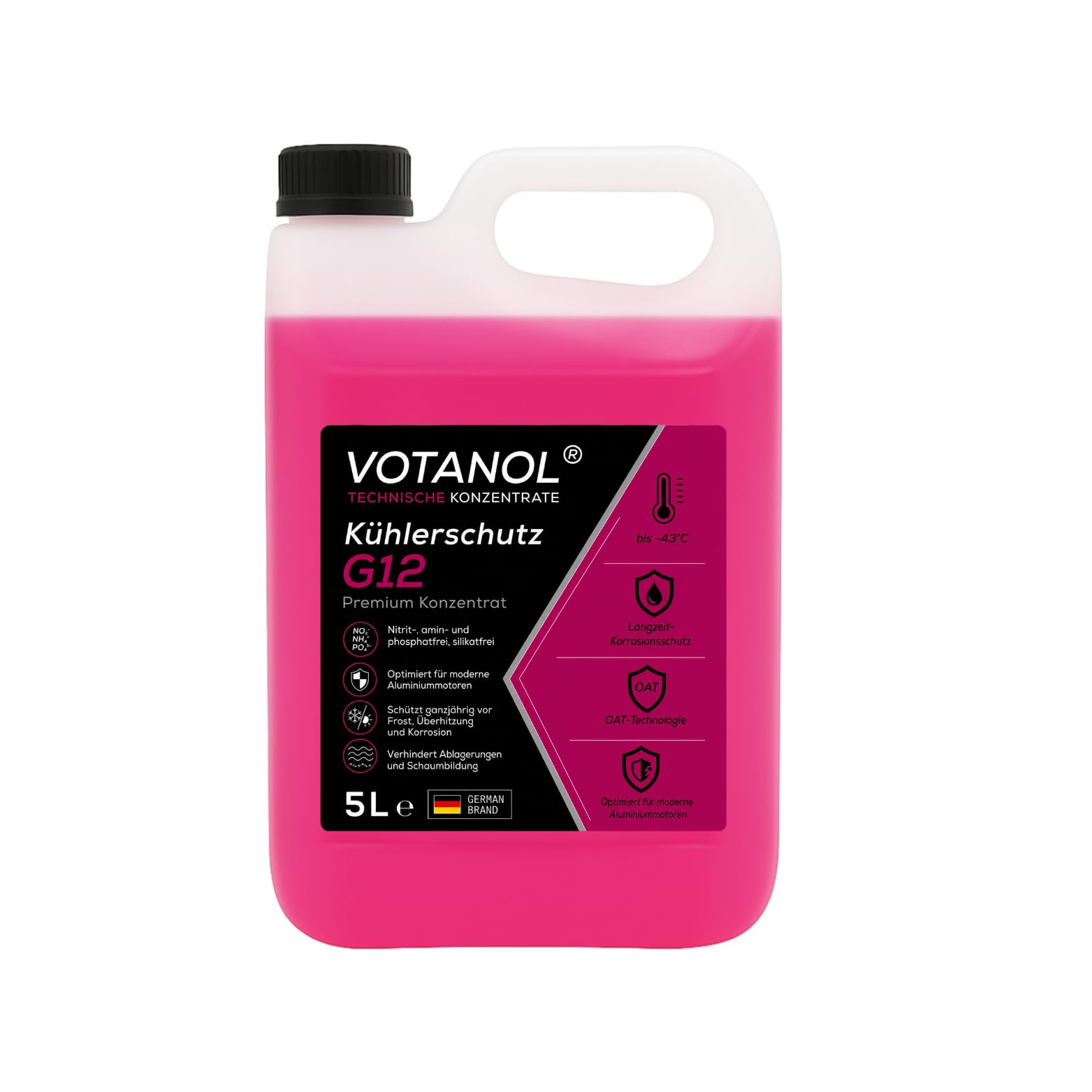 VOTANOL® Kühlerschutz G12+ Konzentrat 5L – Premium Silikatfrei Oat Kühlerfrostschutz Pink/Rot – Kühlmittel für PKW, LKW & Aluminium-Motoren (5 Liter)