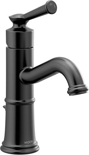 Moen Belfield 6402BL - Grifo de lavabo de baño con una manija color negro mate con montaje de drenaje y placa opcional, 6402BL