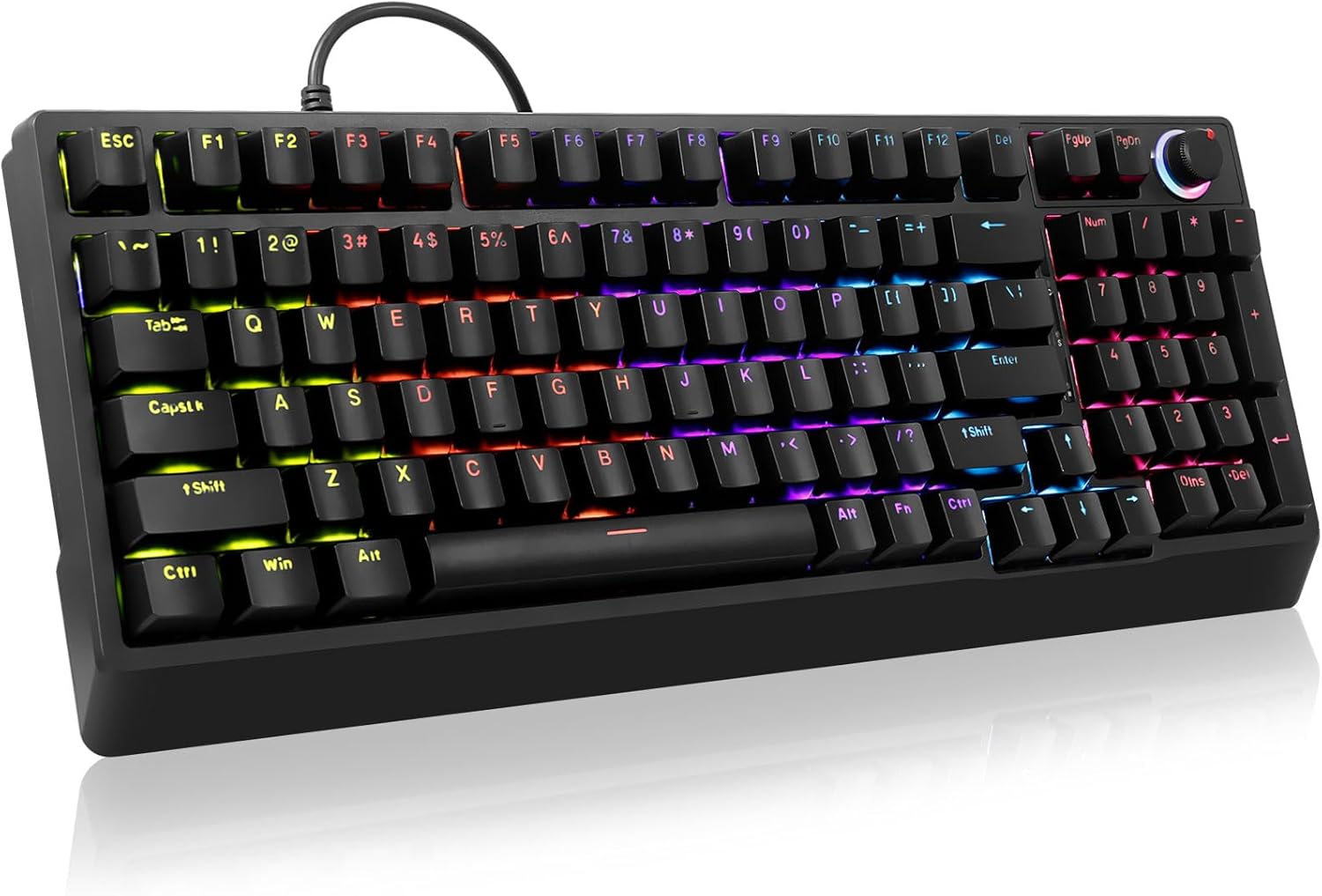 HUO JI Mechanical Gaming Keyboard Wired, 17 LED Backlit Modes, Liner Red Switch, Volume Knob, Anti-Ghosting, Double-Shot Keycaps, 96% Light Up Keyboard for PC Mac