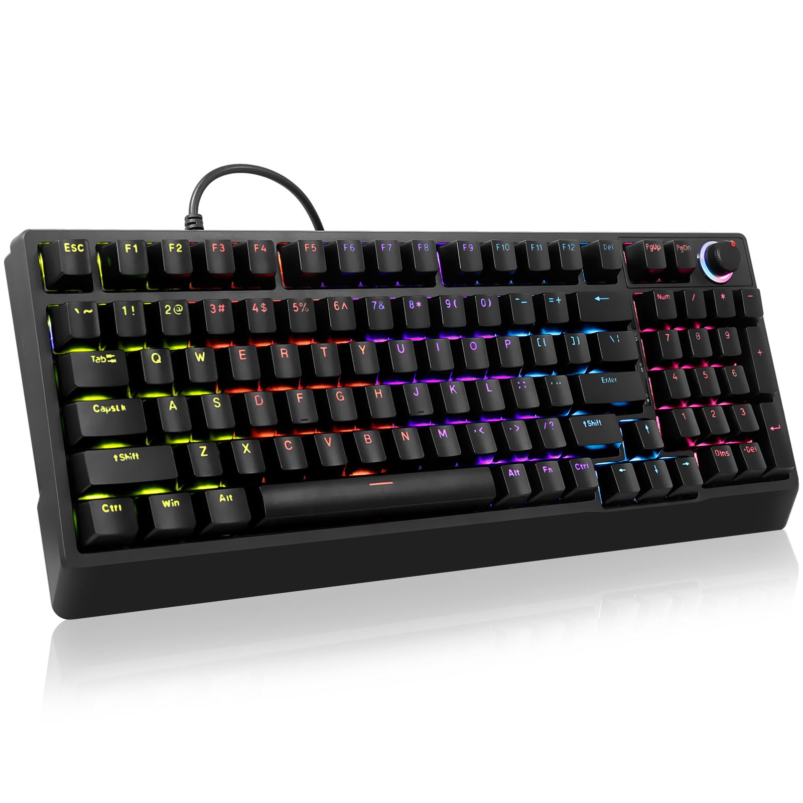 HUO JI Mechanical Gaming Keyboard Wired 17 LED Backlit Modes Liner Red Switch Volume Knob Anti-Ghosting Double-Shot Keycaps