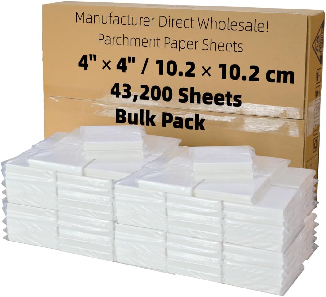 4x4 inch (43,200 sheets) Commercial Bulk Small Parchment Paper Squares - Unbleached, Non-stick, Pre-cut - for Candy Wrappers, Liner Paper, Freezing and Storing, Separating (White, 4"x4" - 43,200s)