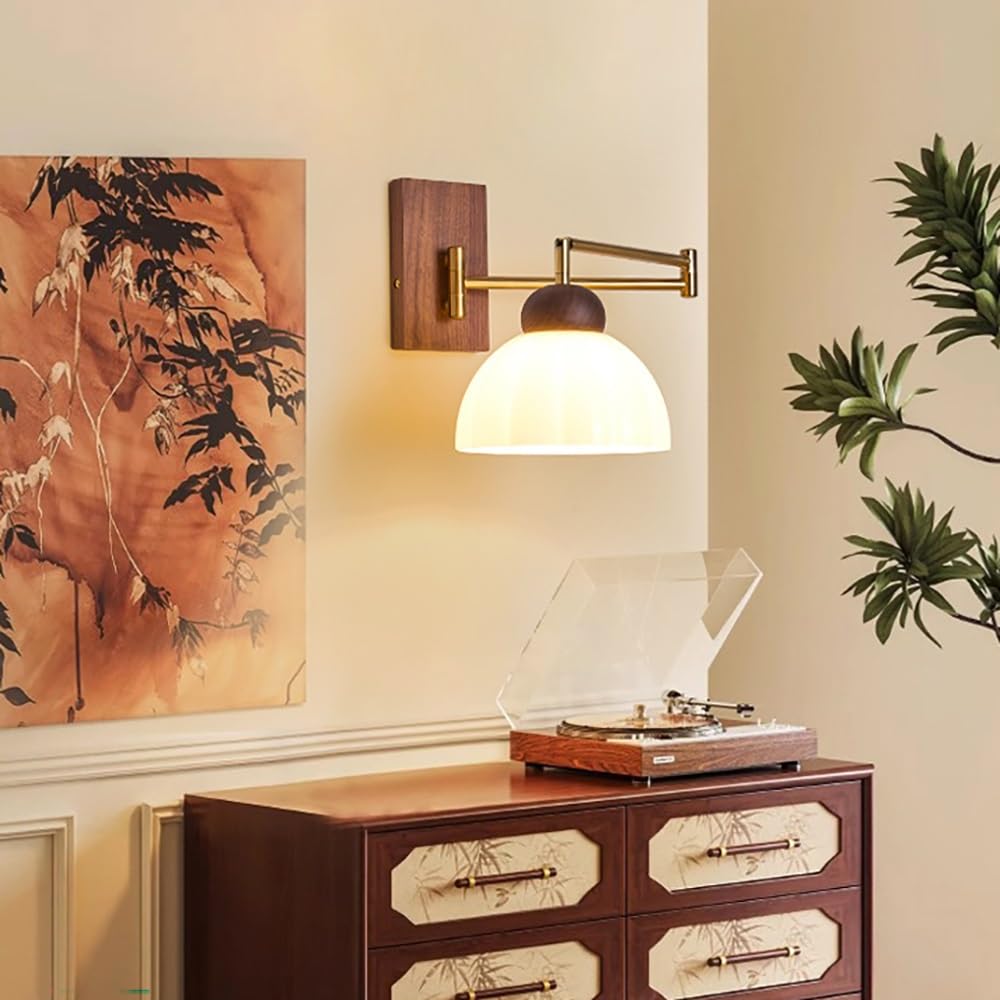 Lampy Ścienna Ramię Obrotowe Vintage Szklana Kopuła, Kinkiet Podstawa Drewno Styl Rustykalny Regulowany Oświetlenie Ścienne Sypialnia(18cm/7.08in)