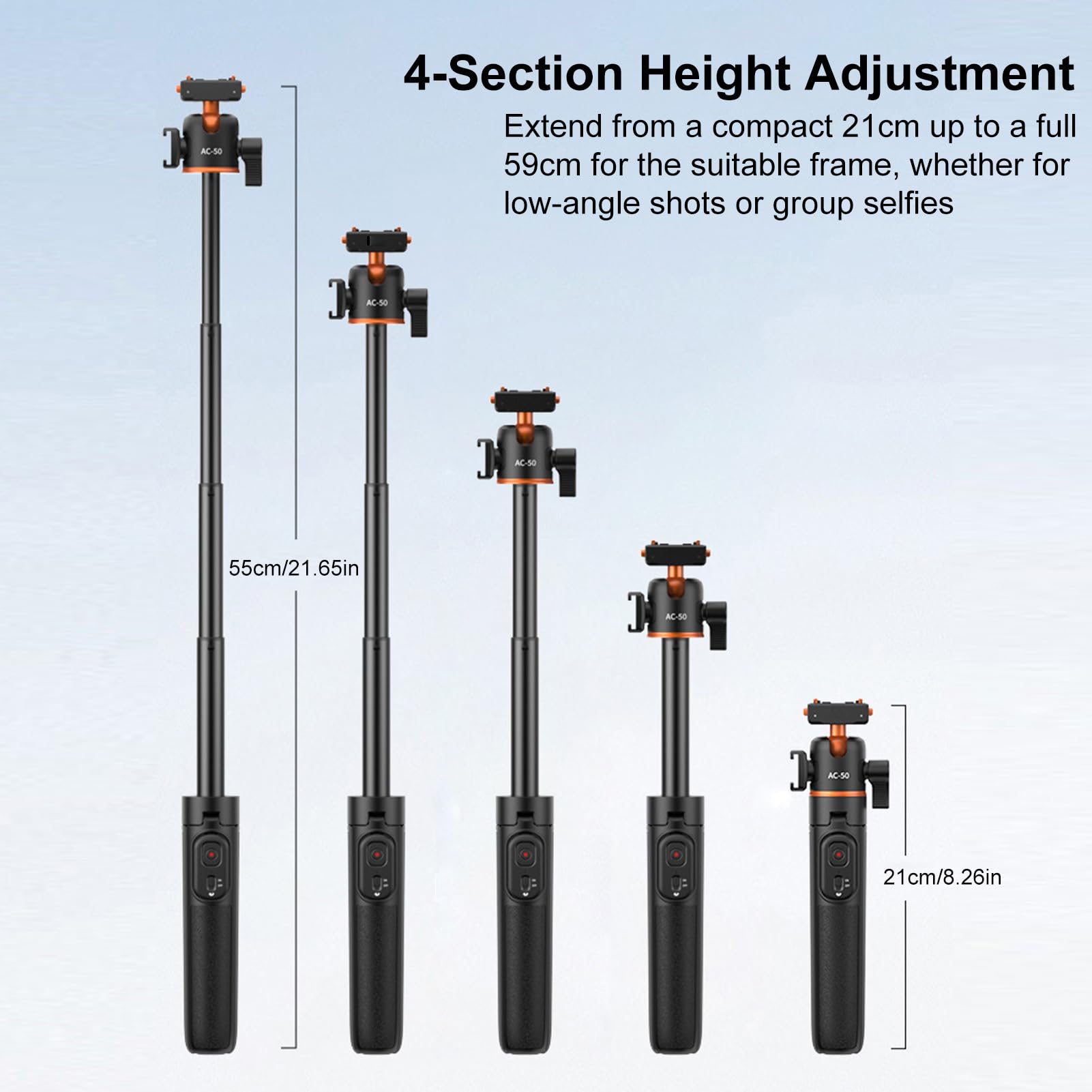 Treppiede Magnetico a Sgancio Rapido, Selfie Stick per X5/Ace Pro 2 con Telecomando BT, Testa a Sfera 360°, Supporto per Slitta Fredda, Estensibile 21-55 Cm Vlogging,