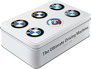 Nostalgic-Art Retro Storage Jar Flat 2.5 L BMW - Logo Evolution - Gift Idea for BMW Accessories Fans, Original Licensed Product (OLP), Tin Tin with Lid, Workshop Decoration in Vintage Design