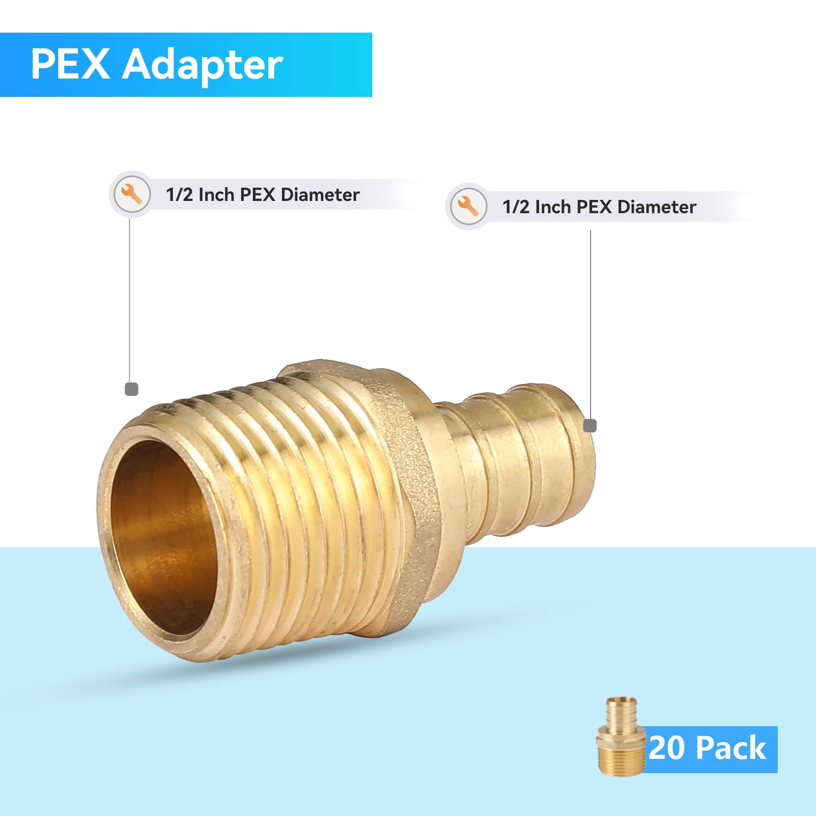 Paquete de 20 adaptadores de rosca macho NPT de 1,27 x 1,27 cm, adaptadores de crimpado Pex de latón para tuberías PEX en trabajos de fontanería