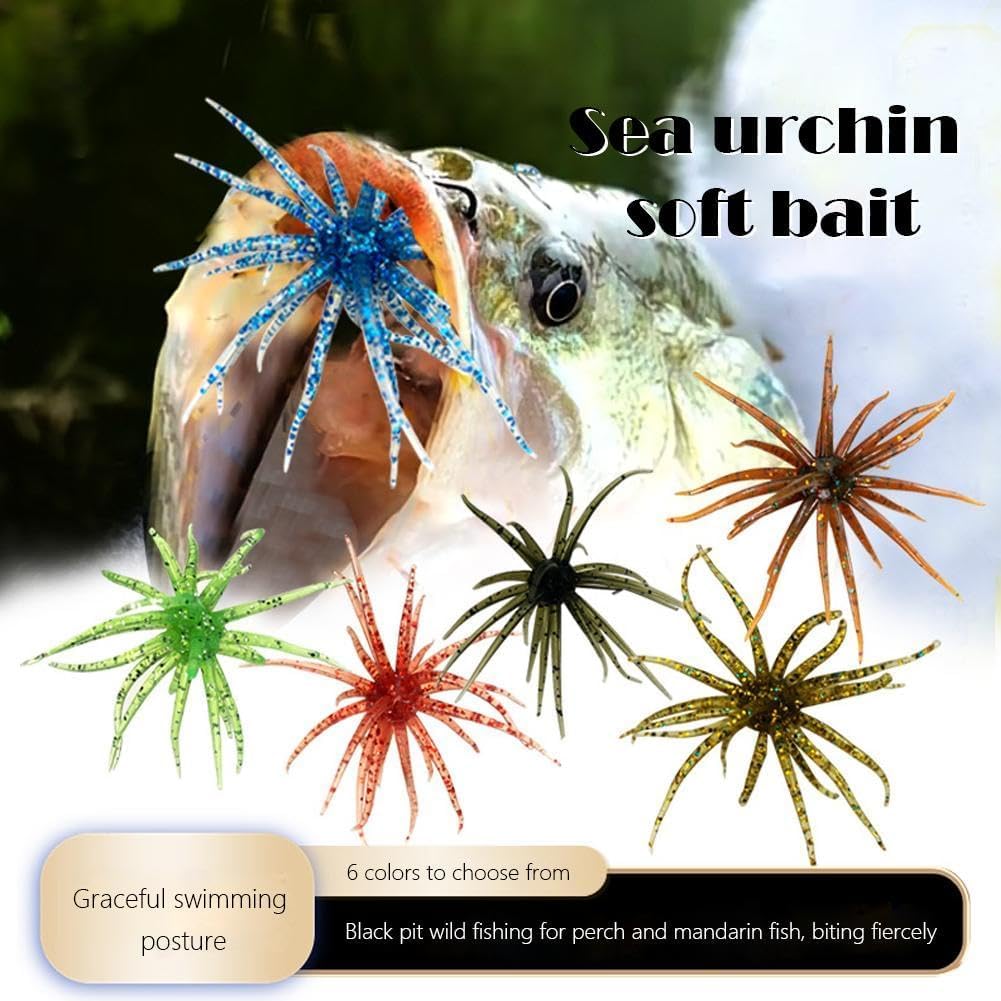 4Pcs Sea Urchin Soft Bait | Realistic Fuzzy Dice Fishing Lure for Bass & Perch | Floating TPR Swimbait with Reflective Stars | 6 Colors Artificial Worm Bait for Saltwater & Freshwater - 4