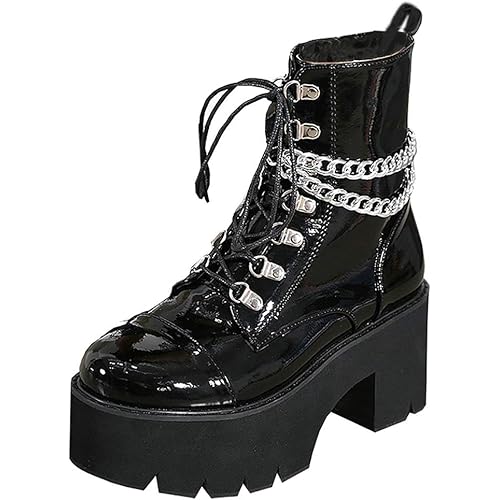 Parisuit Womens Goth Patent Ankle Boots Platform Chunky High Heel Lace Up Combat Boots Punk Short Booties