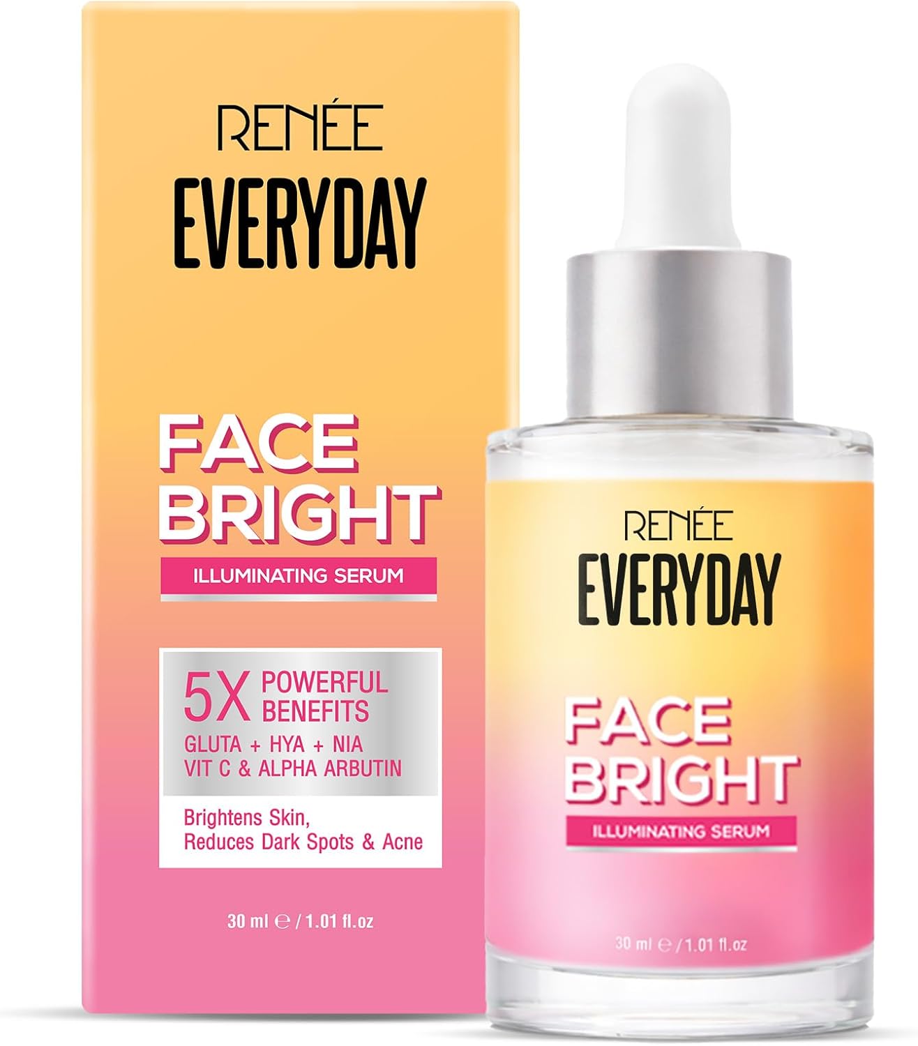RENEE Everyday Face Bright Illuminating Face Serum Reduces Dark Spots & Acne, Brightens Skin, Improves Complexion & Radiance With Glutathione, Niacinamide & Vitamin C 30ml Face Bright