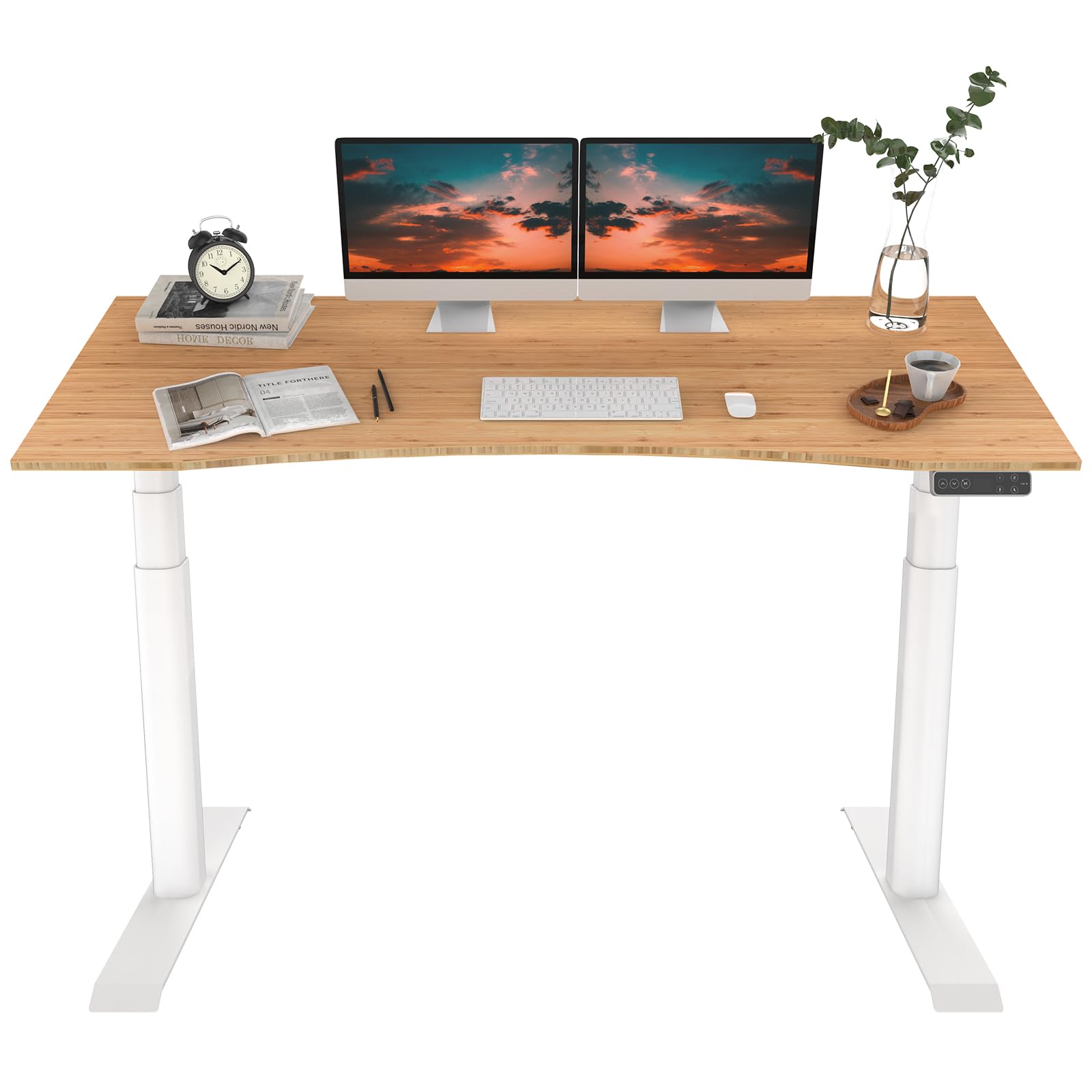 FLEXISPOT E6 Pro Oval Leg Dual Motor 3 Stages Bamboo Electric Standing Desk 72x30 Inch Whole-Piece Board Height Adjustable Electric Sit Stand Up Desk (White Frame + Bamboo Curved Desktop)