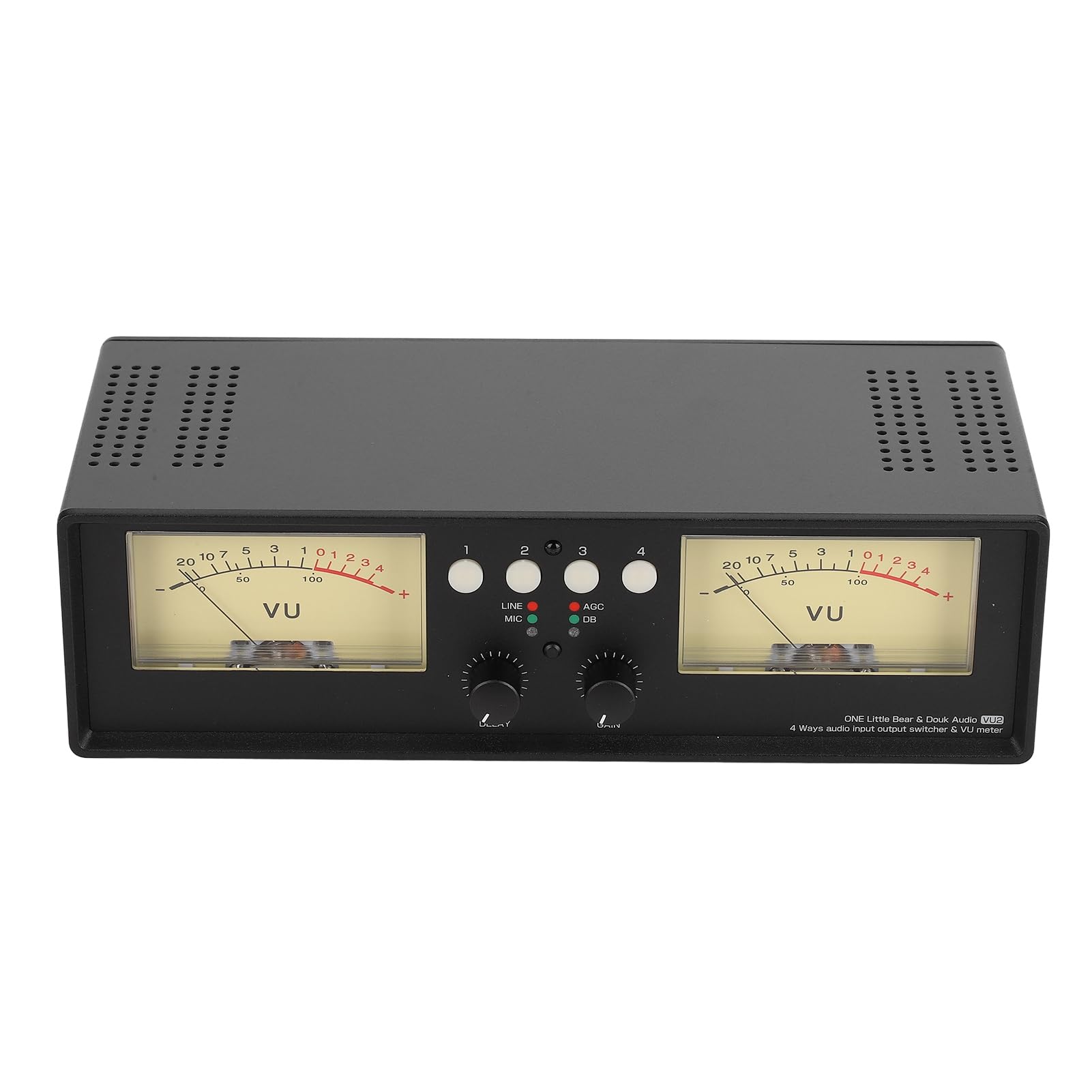 Répartiteur audio 4 voies avec compteur de niveau VU multifonction avec 4 entrées et sorties audio, sélecteur audio stéréo, commutateur audio d'ampli (Rétroéclairage jaune)