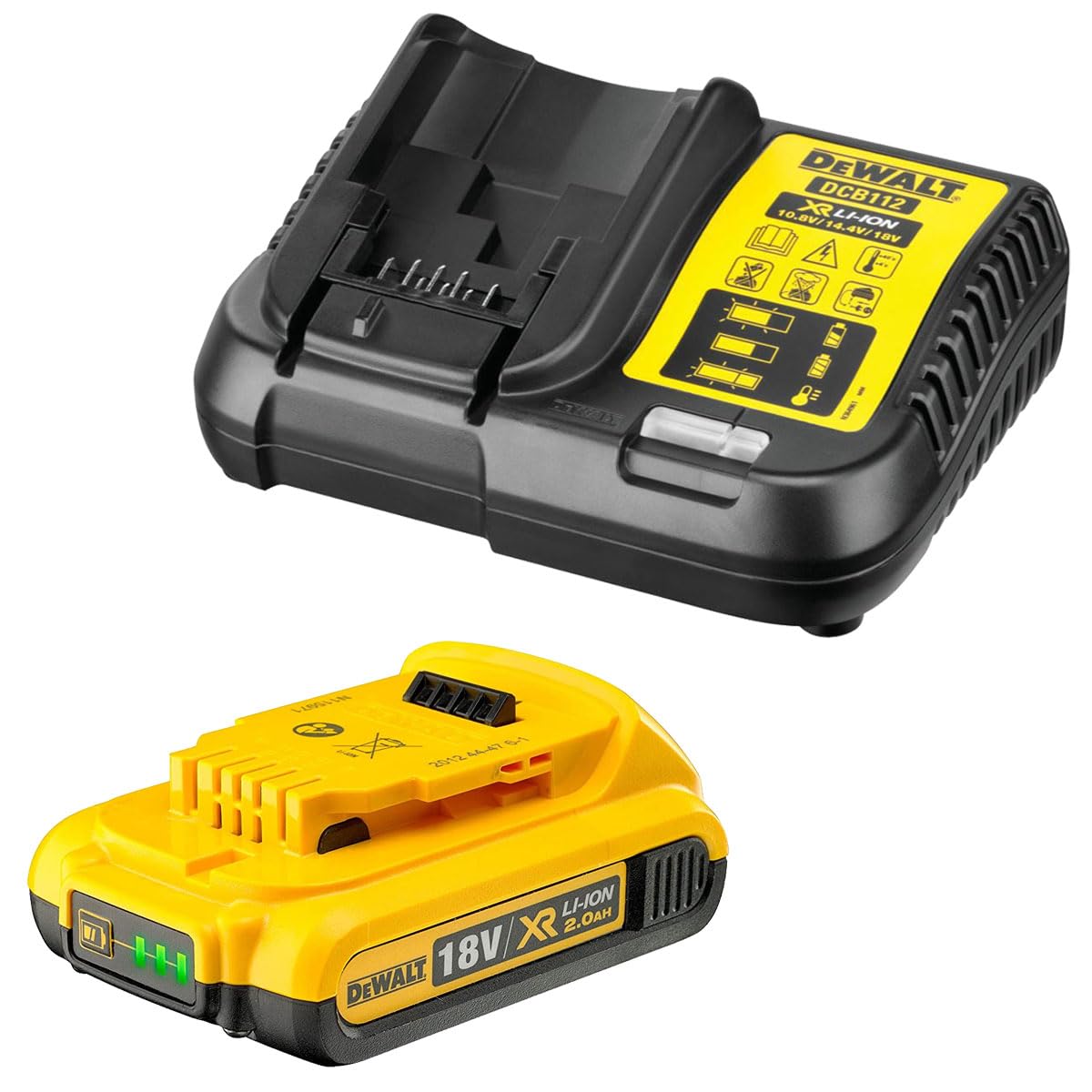 DEWALT DCB183 2.0Ah Battery & DCB112 10.8V-18V Multi Voltage Charger - Versatile Charging for 10.8V-18V Tools, Dewalt Battery Charger Deal, Fast Charger, long lasting battery performance