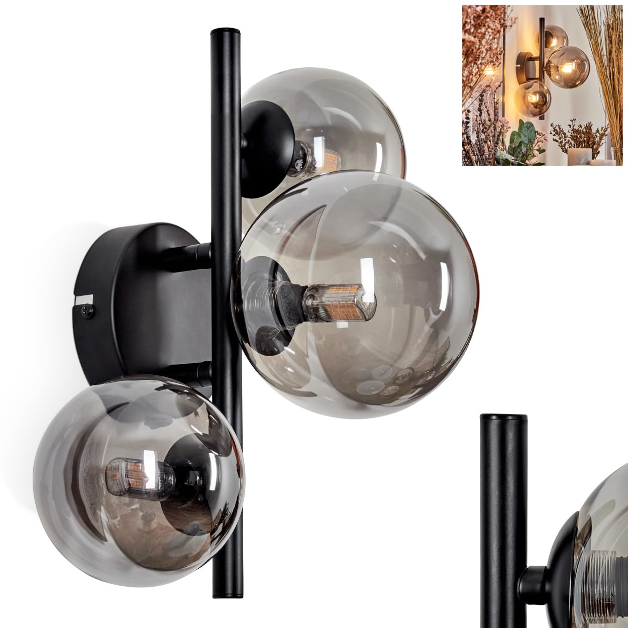 Wandleuchte Chehalis, Wandlampe aus Metall/Glas in Schwarz/Rauchfarben, Leuchte im Retro/Vintage-Design mit Schirmen aus Glas (Ø 10, 12 cm) u. An/-Auschalter am Gehäuse, 3 x G9, ohne Leuchtmittel
