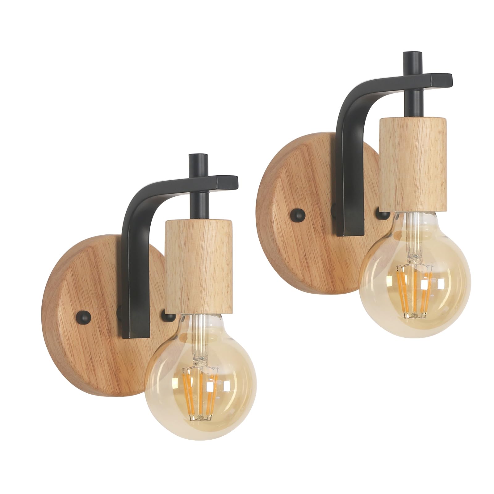 DELIPOP Lámparas de Pared Vintage 2 Piezas, Aplique Pared Interior de Madera Metal Industrial, Luz de Pared Retro E27 para Dormitorio, Pasillo, Cocina, Café, Negro
