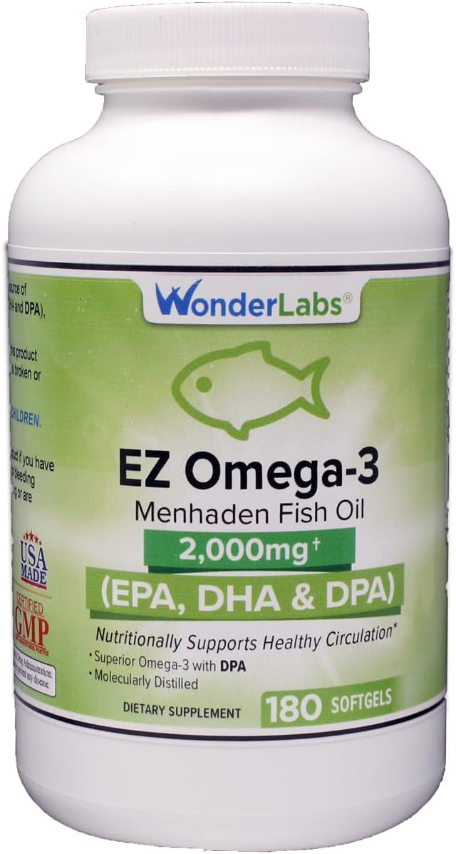Wonder Laboratories EZ Omega-3 Atlantic Menhaden Fish Oil Supplement 2000 mg, Burpless, Made in The USA, Perfect Balance of EPA+ DHA + DPA 180 Softgels