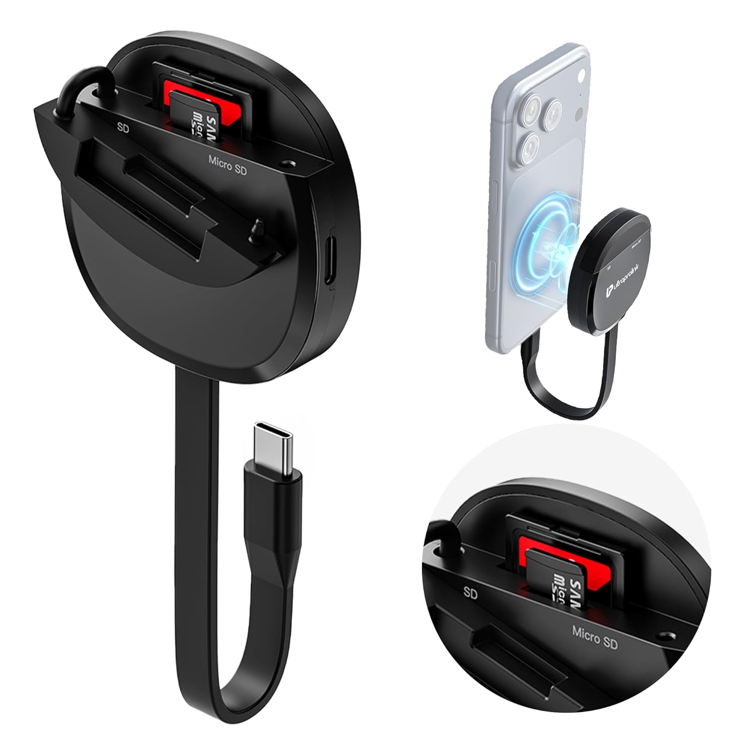 UltraProlink Mag-Vault | Mag-Safe USB-C 3.2 SD & microSD Card Reader| Dual Slot- 2TB Each | 100W PD Pass-Through | 160MB/s DDR200 Speeds | Plug & Play for USB-C iPhone, iPad, Mac, Android|UM1271
