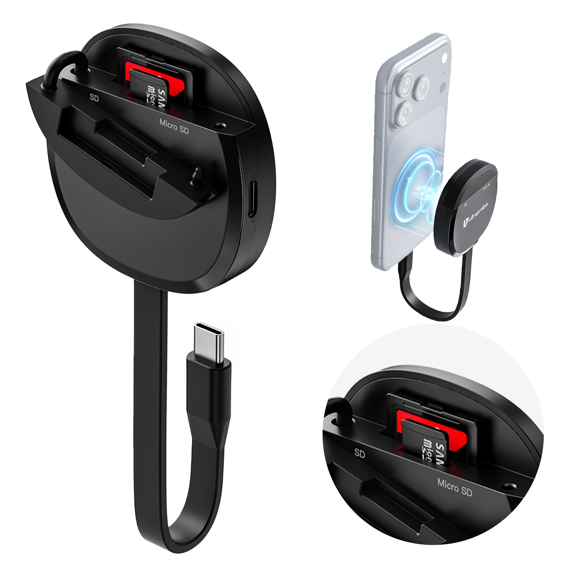 UltraProlink Mag-Vault | Mag-Safe USB-C 3.2 SD & microSD Card Reader| Dual Slot- 2TB Each | 100W PD Pass-Through | 160MB/s DDR200 Speeds | Plug & Play for USB-C iPhone, iPad, Mac, Android|UM1271