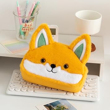 XZR Cute Pencil Case Pen Bag Makeup Bag Case Box Stocking Stuffers Vivid Creative Animal Fox Cartoon Large Capacity Plush Fluffy Zipper Organizer Makeup Storage Bag Box Stylish Nice Gift Yellow