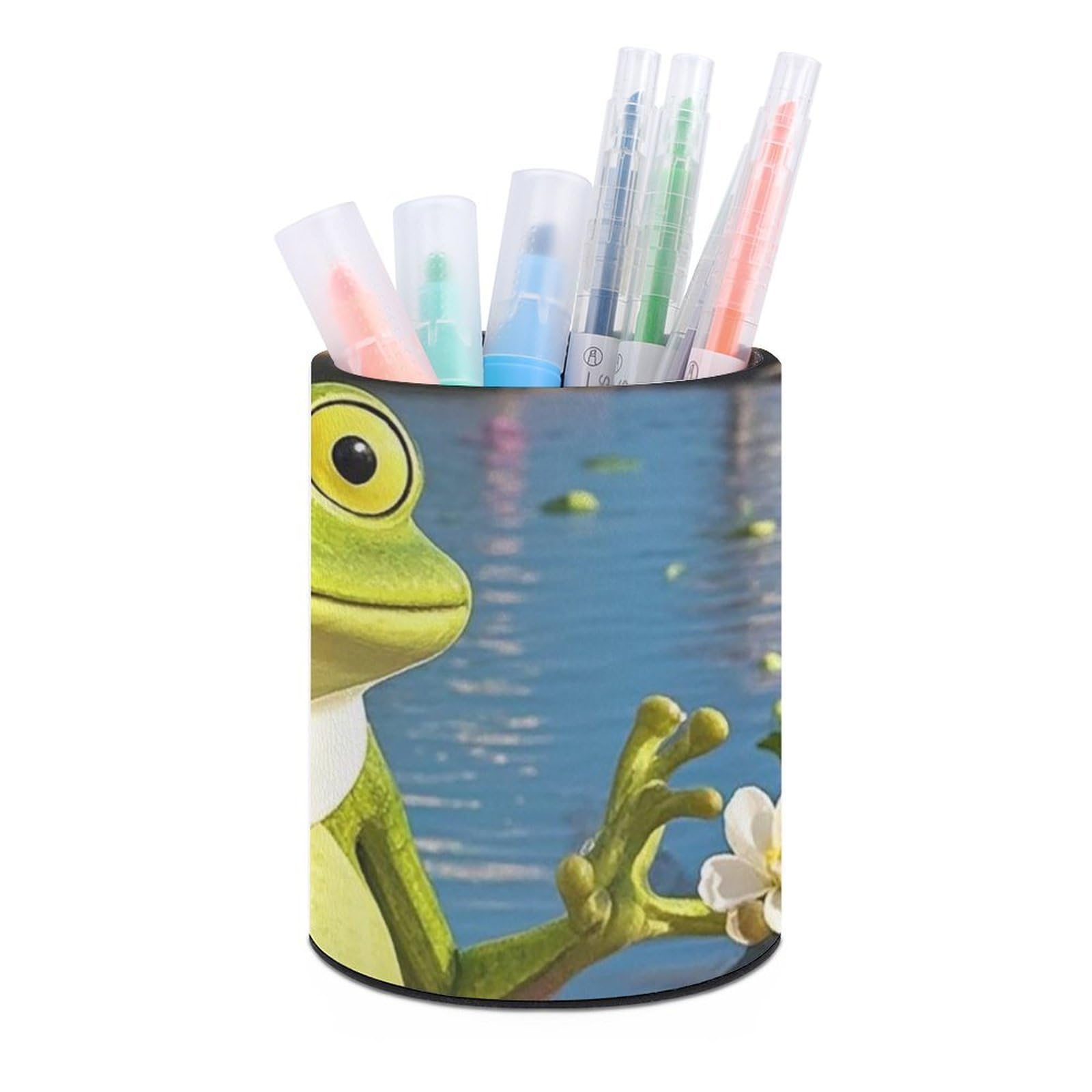 FekiLoot PU Leather Round Pen Holder Funny Yoga Frog Pencil Holder Desk Organizer Pen Organizer Pen Cup Pencil Cup Caddy Desktop Stationery Organizers for Office Home Supplies