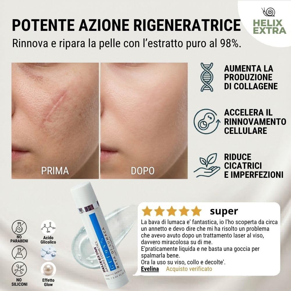 Helix Extra Gel - Siero Viso Bava di Lumaca 98% – Antirughe Antimacchie con Collagene Vitamina C e E – Idratante per Viso Collo Decolletè – Made in Italy 60ml