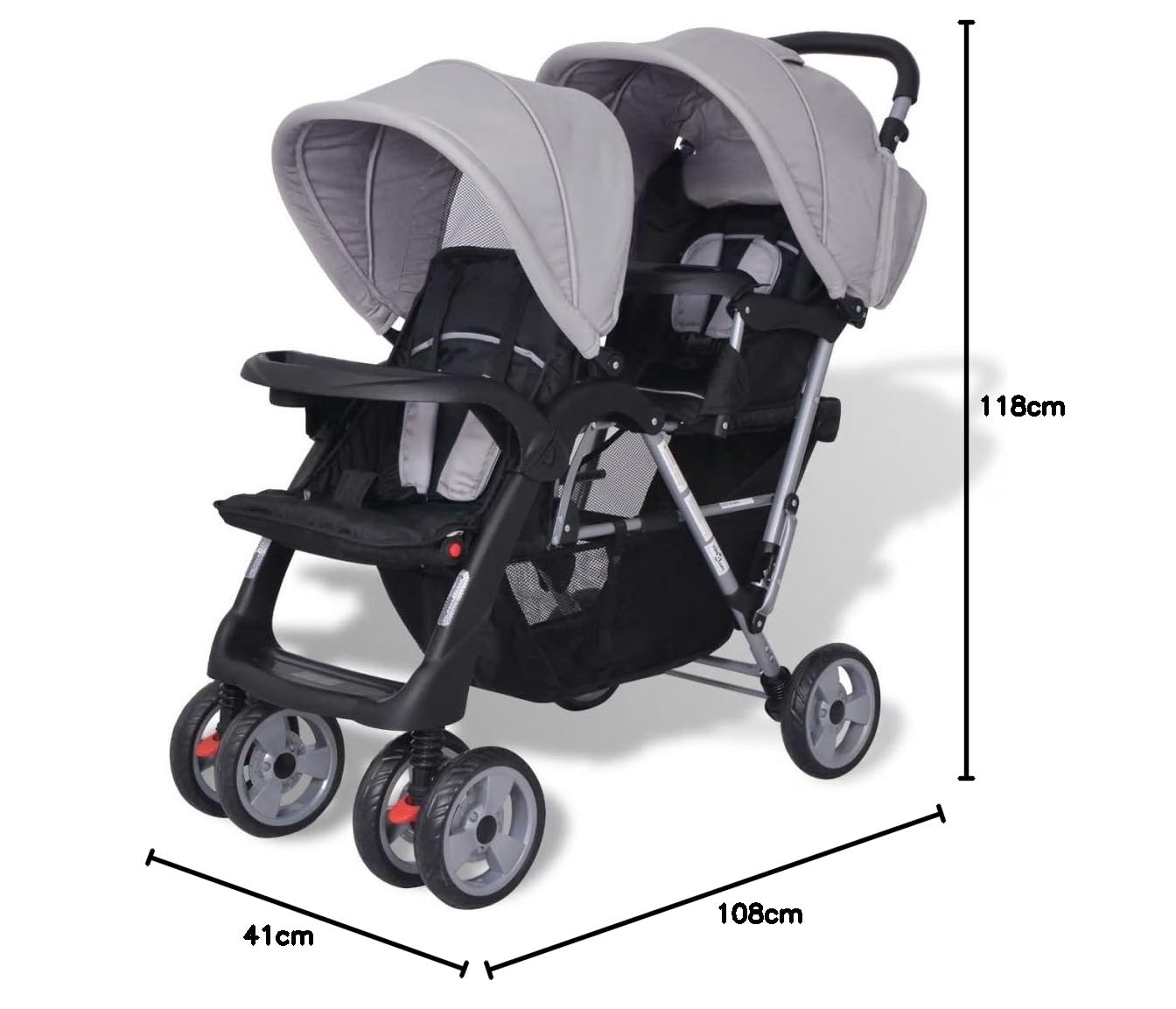 Passeggino Gemellare a Tandem, con tettoie anteriori e posteriori, ruote girevoli 360° e bloccabili, cestino ampio, acciaio e tessuto Oxford, 122,5 x 53,5 x 111 cm, per bambini da 6 a 36 mesi