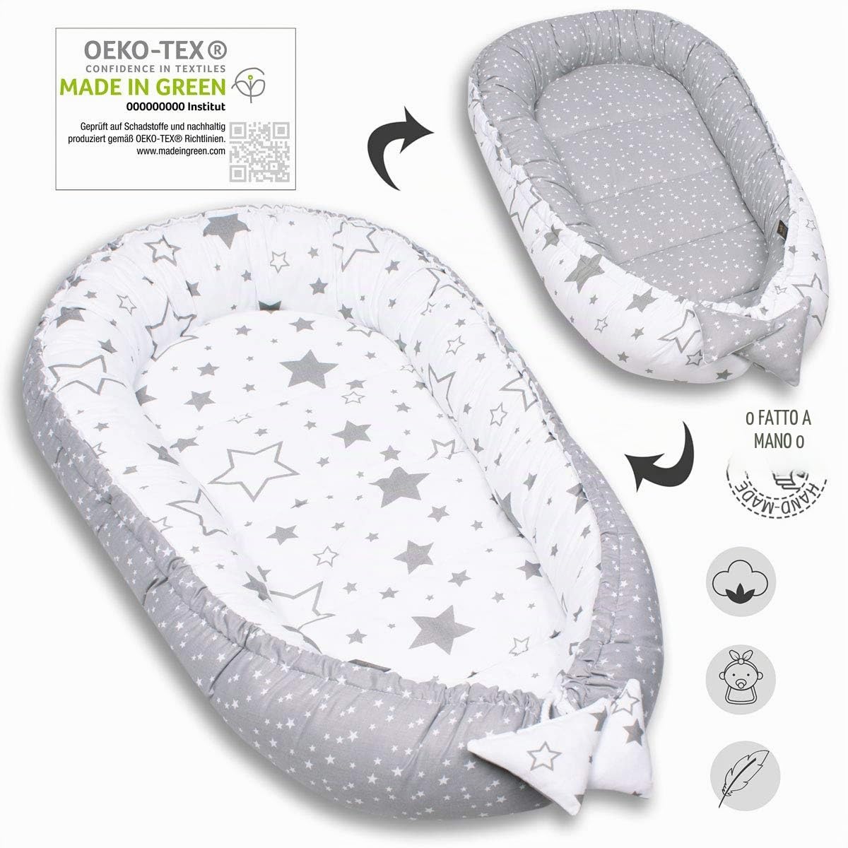 PaLulli Babynest - Cuscino multifunzionale con morbido materasso aggiuntivo, in cocco, paracolpi, lettino da viaggio per neonato, 100% cotone OEKO-TEX, prodotto nell'UE (verde menta II)