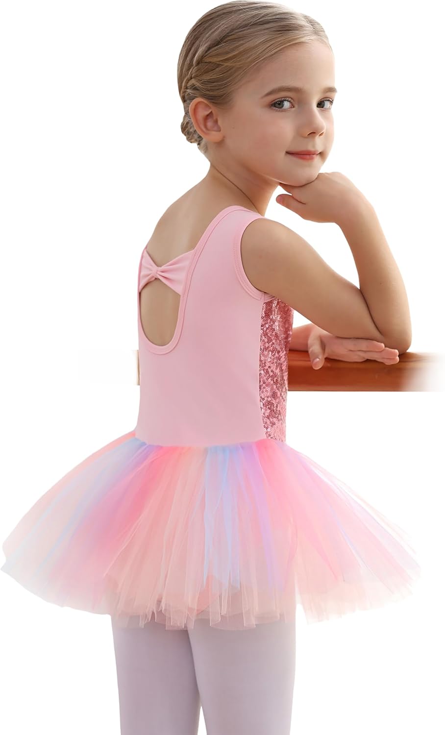 MdnMd Short Sleeve Glitter Dance Ballet Rainbow Tutu Leotard Ballerina Outfit for Girls Toddler