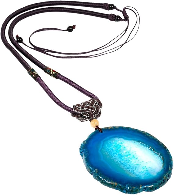 mookaitedecor Agate Geode Crystal Pendant,Healing Semi Precious Gemstone Necklace with Adjustable Rope for Women Men