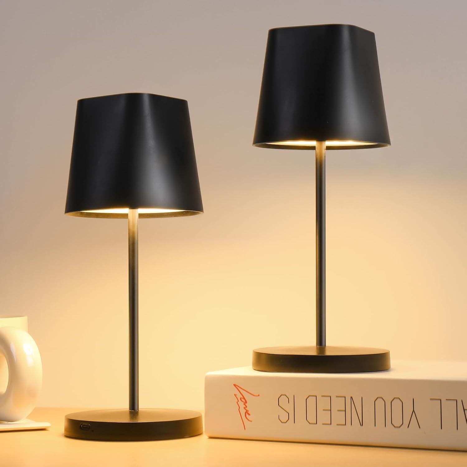 Quntis Cordless Table Lamp Set of 2, Stepless Dimmable & 2 Color Rechargeable Lamp, Battery Operated Modern Touch Table Light, Portable Outdoor Lamp for Patio Dinner Restaurant Bar Bedroom Side, Black