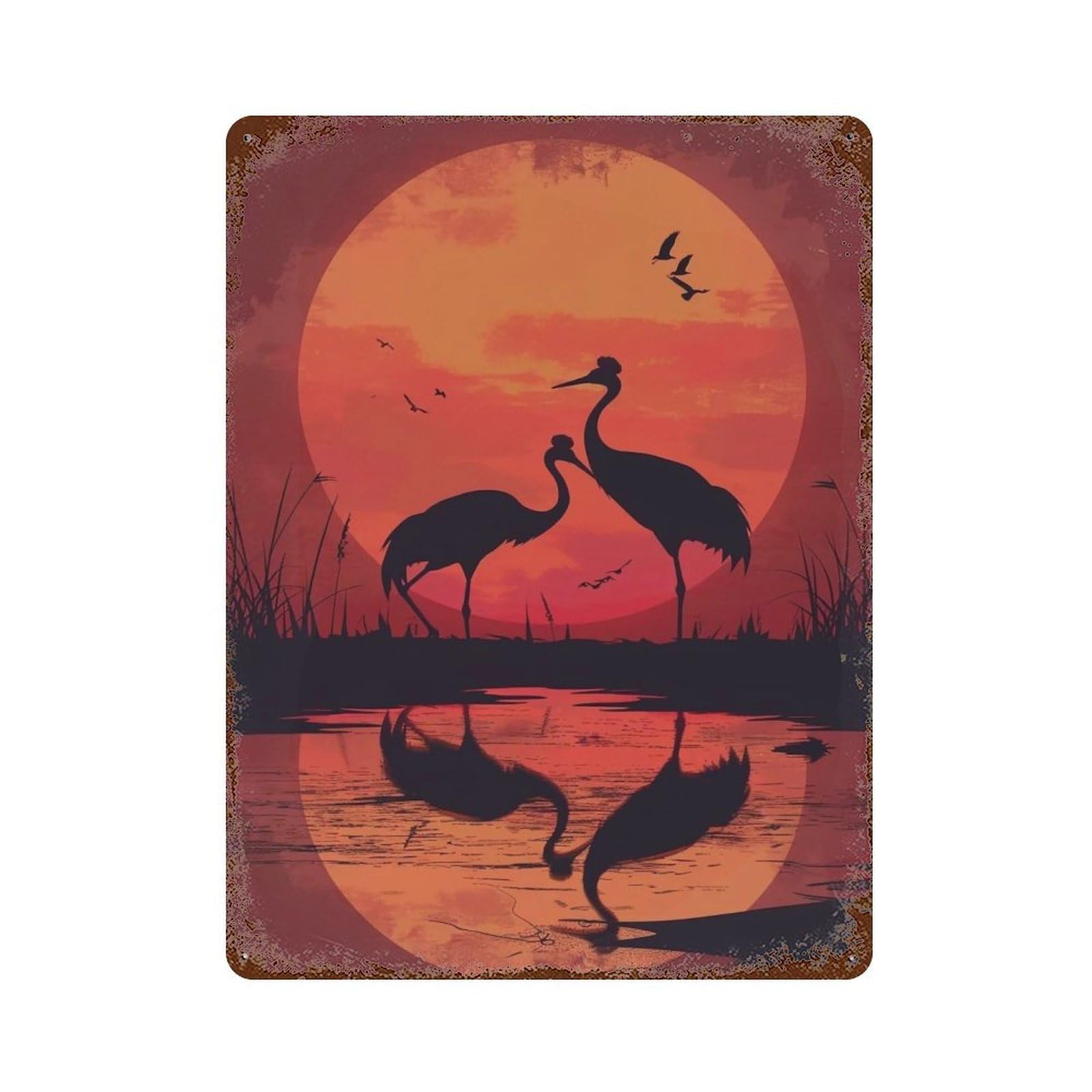 HDURYEYRYY Wetland Reed Red Dusk Crane Silhouettes 02 Wall Retro Iron Vintage Art Metal Tin Sign Poster Modern Home Cofffee Club Art Bar Shop Decor 40x30cm