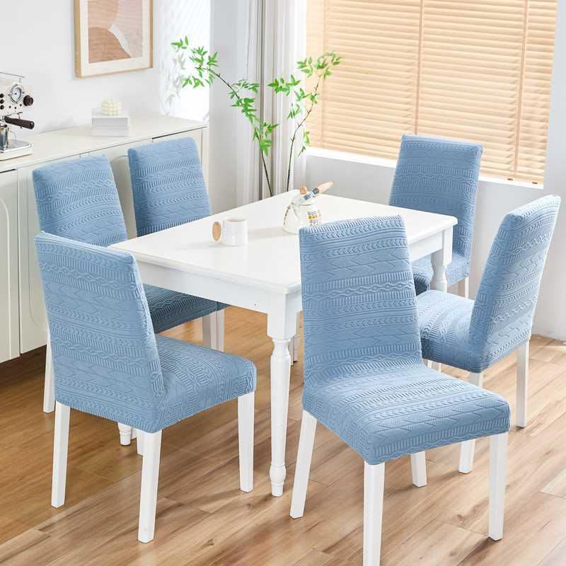 Image of HOMETHREADS Elastic Jacquard Chair Cover Stretch Removable Washable Short Dining Chair Cover Protector Seat Slipcover (Blue, Pack of 2)