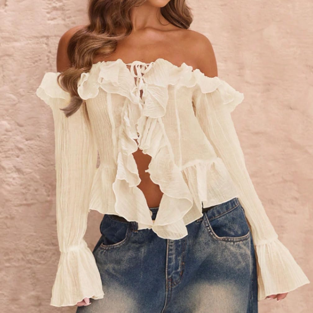 Women Sexy Off Shoulder Open Front Ruffle Trim Crop Blouse Y2k Bell Long Sleeve Bow Tie Up See Through Shirt Top - Image 2